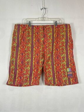 VTG Giordano Summer Cotton Shorts Surf Orange Drawstring Pattern Sz M 39.5/8.25
